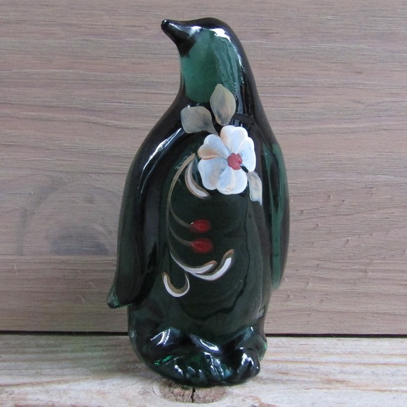 Fenton Other - Fenton Glass Spruce Green Penguin Figurine Hand Painted Magnolia Holiday